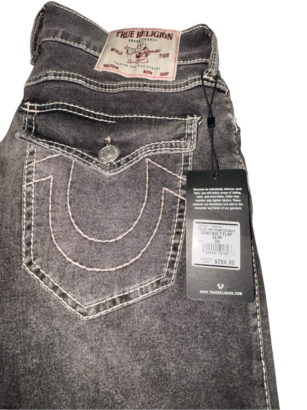 True Religion Grey Denim Jeans with Pink Contrast Stitching